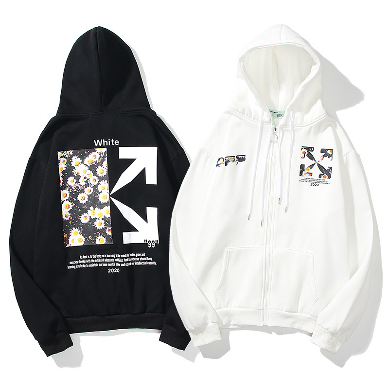 off ow white小雏菊开胸拉链连帽卫衣男女潮牌港风宽松ins情侣装