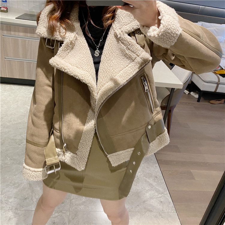 2020秋冬新款麂皮绒机车服羊羔毛皮毛一体加厚外套女f6477