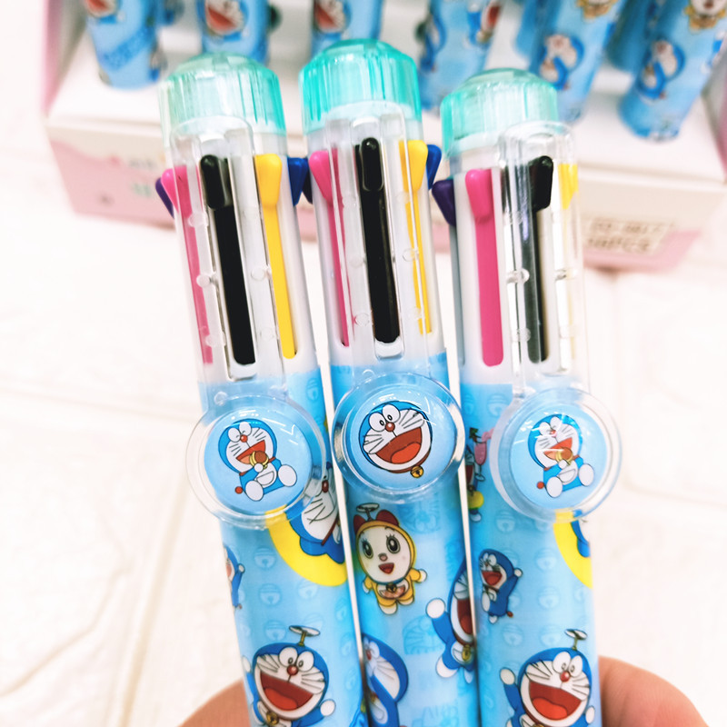 韩版可爱叮当八色圆珠笔卡通猫咪多色按动手账笔学生8色中油笔奖