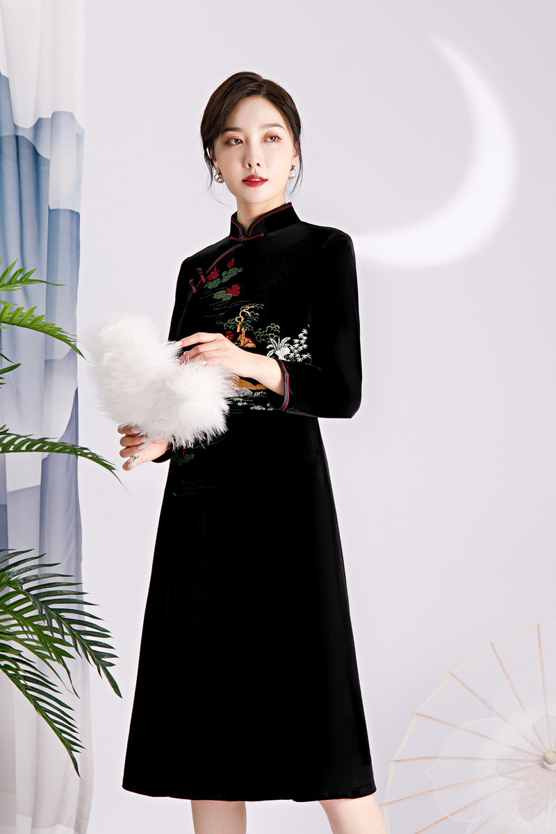 厂gx时尚改良金丝绒长袖中长款旗袍大摆裙2020冬季新款女士公主旗袍裙