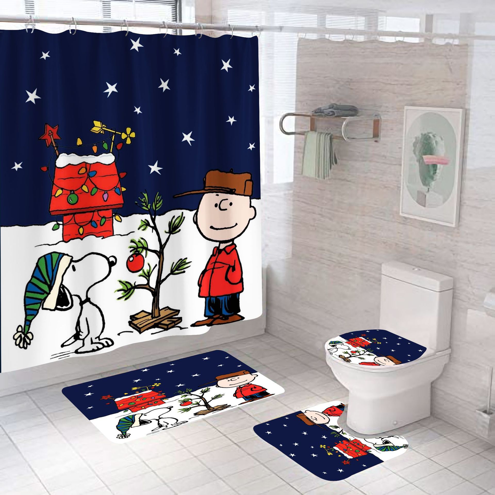 Cross-Border E-Commerce Tree Planting Christmas Shower Curtain Set Digital Printing Polyester Shower Curtain Bathroom Curtain Punch-Free Shower Curtain