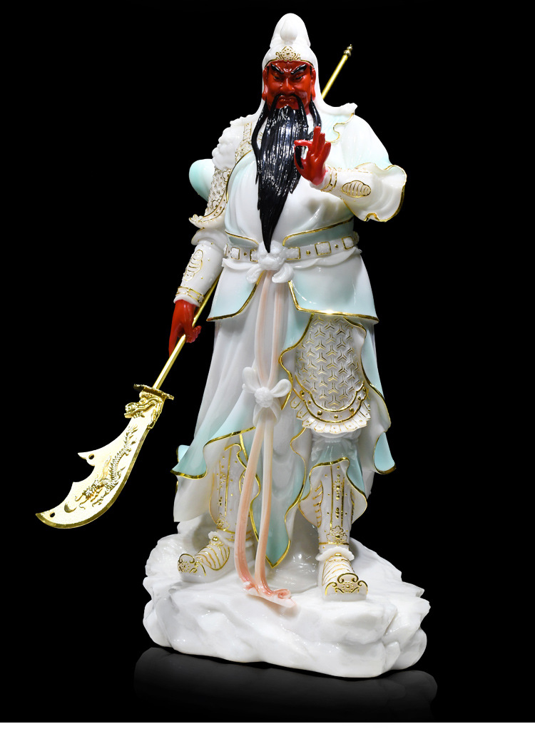 汉白玉关公像摆件关羽红脸关二爷佛像招财供奉神像