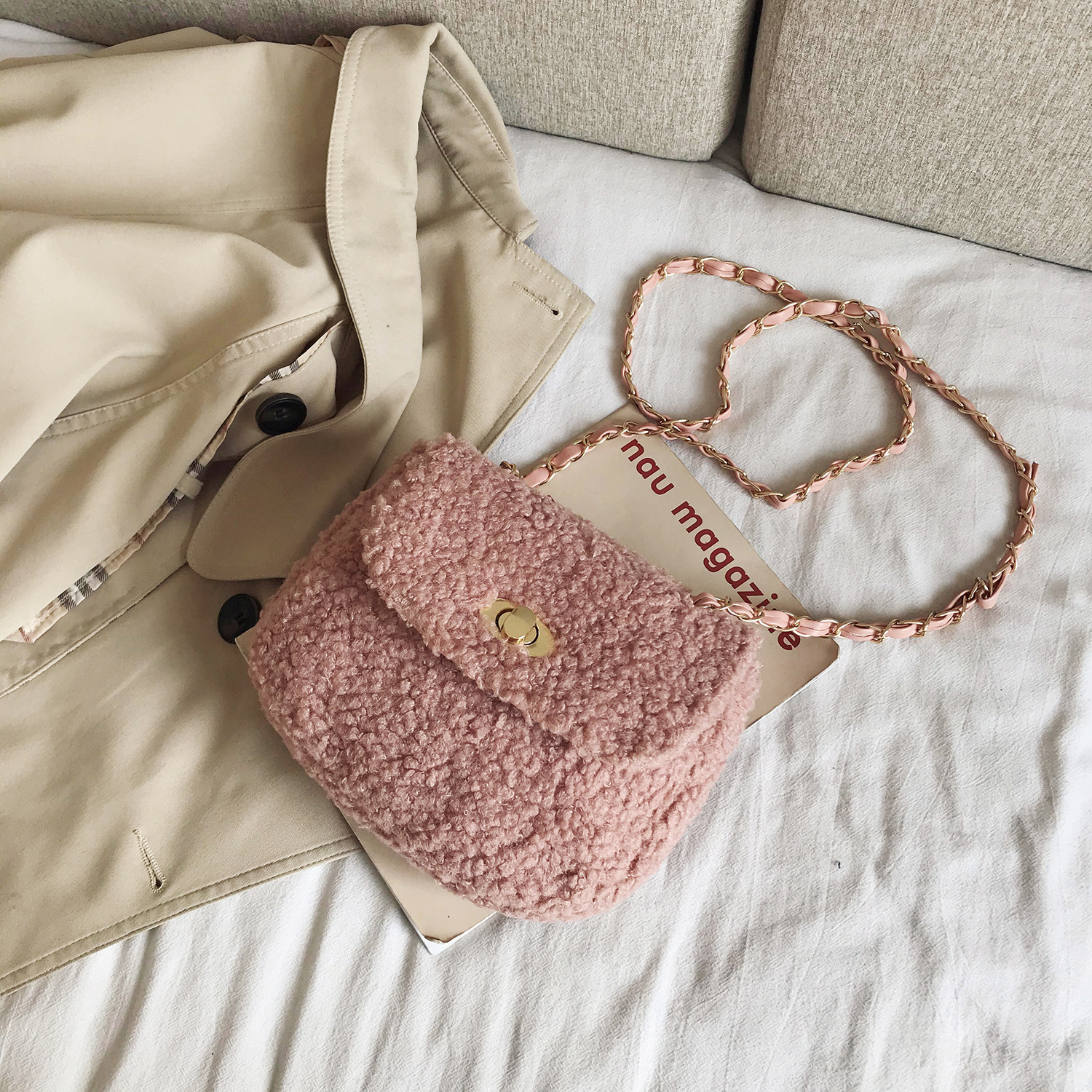 秋冬新款羊羔毛包包女2020时尚休闲链条单肩包简约百搭纯色斜挎包