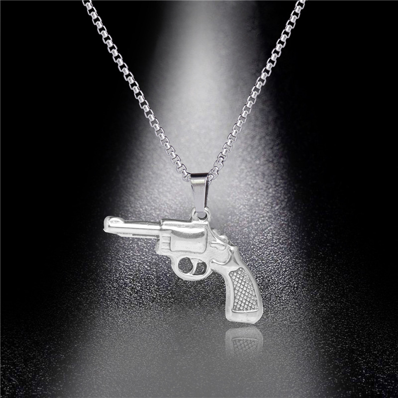 European and American Style Stainless Steel Pistol Fiveshooter Pendant Hip Hop Titanium Steel Men's and Women's Necklaces Pearl Chain Sweater Chain Wholesale