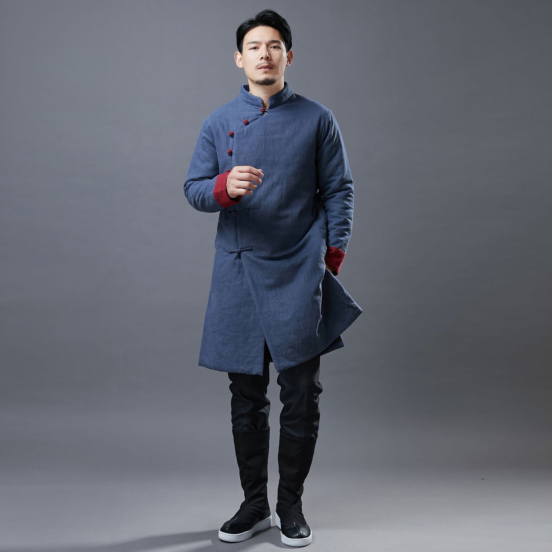 服男士潮流冬季 斜襟花扣棉袄 复古中长款休闲立领盘扣撞色棉衣