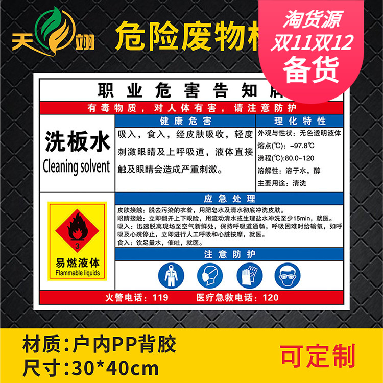 洗板水职业危害告知牌卡周知卡安全标识牌标识贴警示警告标志牌