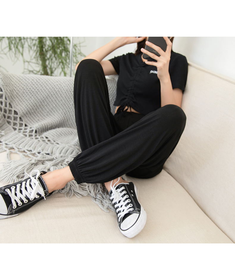 莫代尔束脚防蚊裤女阔腿大人夏季薄款运动休闲高腰宽松冰丝灯笼裤