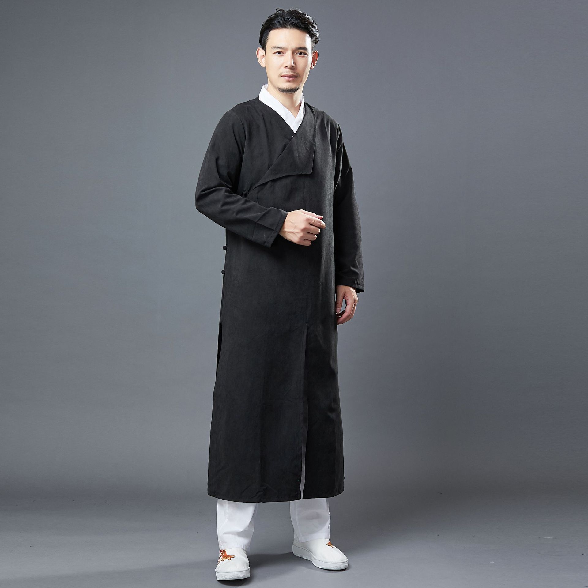 麻凡布衣中式改良长衫复古盘扣汉服男中国风纯色长袍茶服禅意