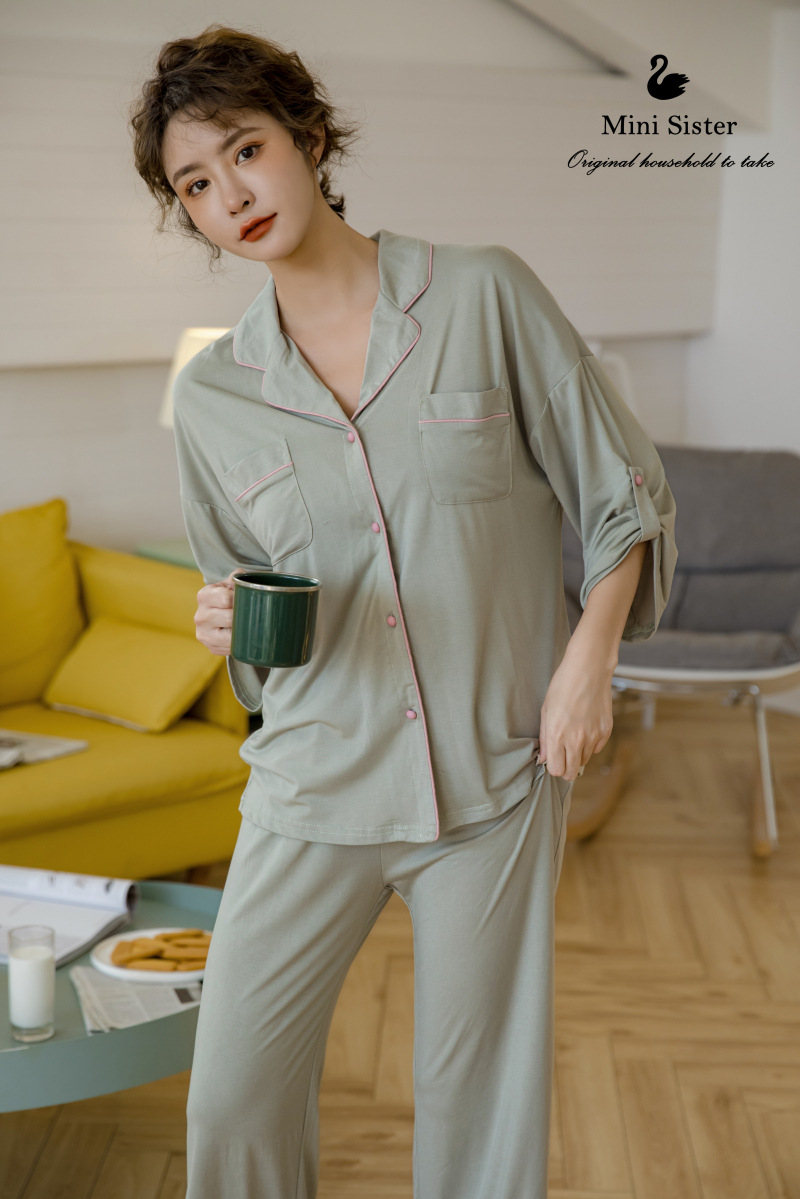 minisister春夏新款可调节袖家居服简约铜氨丝微凉质感睡衣女533