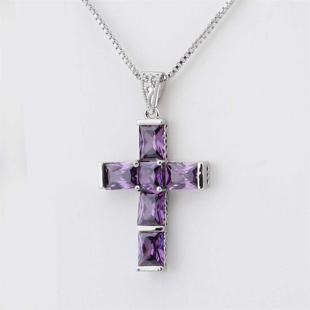2020新款项链十字架吊坠紫水晶项链微镶锆石十字架饰品时尚简约