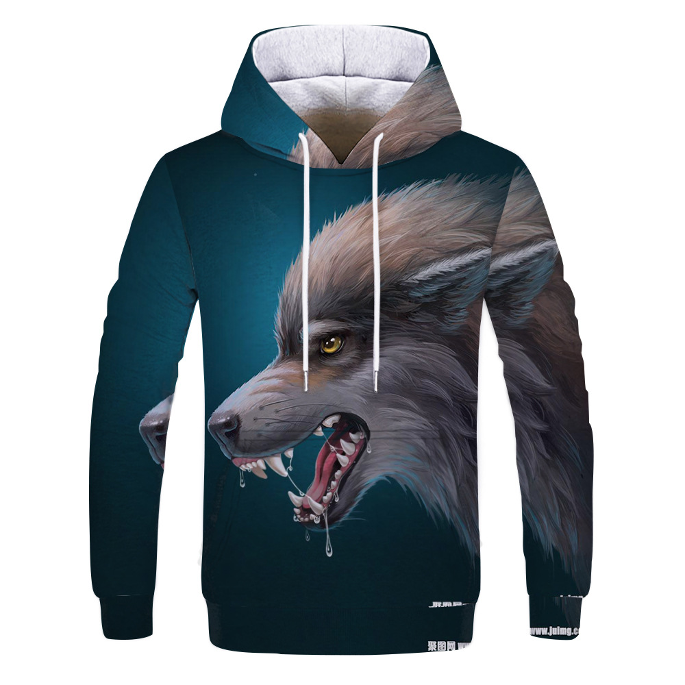 欧美跨境潮流新款动物狼3d数码印花男士连帽衫男式卫衣来图定制