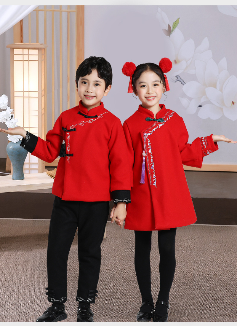 儿童拜年服男女童新年元旦服装女童喜庆开门红裙子男孩唐装中国风