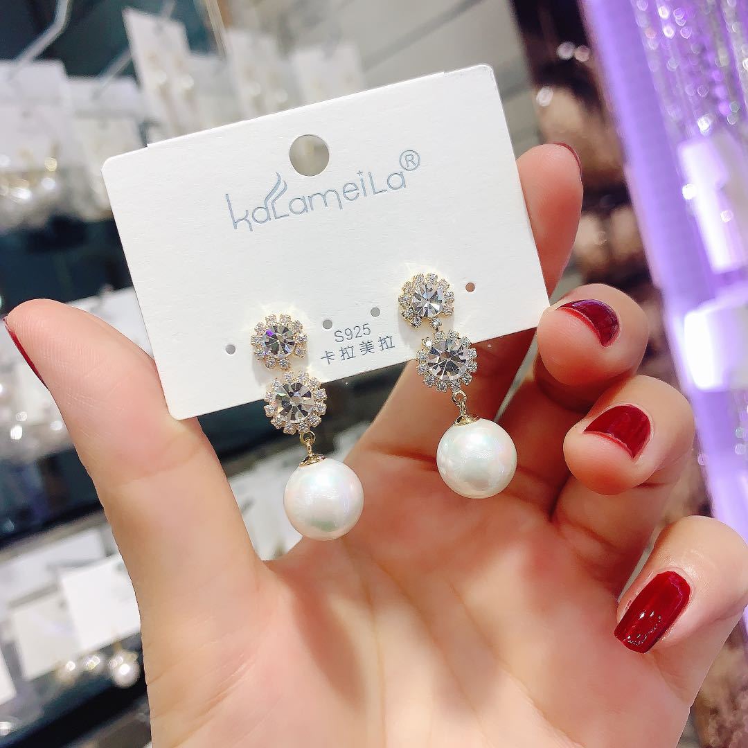 卡拉美拉耳环批发新款925银针镶钻花朵珍珠红球耳坠女耳钉饰品