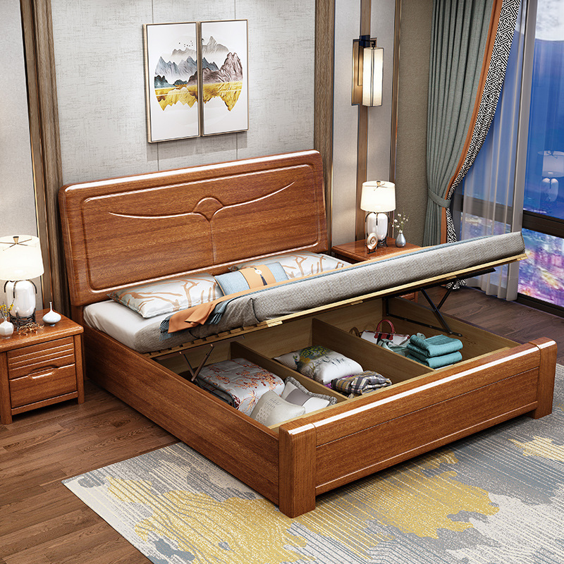 金丝胡桃木实木床1.8米双人大床现代新中式1.5高箱储物床主卧婚床