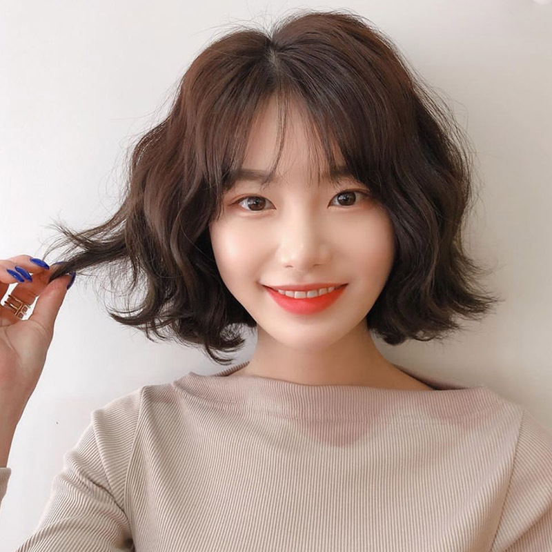 女士空气刘海短卷发真人发丝短发羊毛卷时尚菠萝烫机制真人发头套