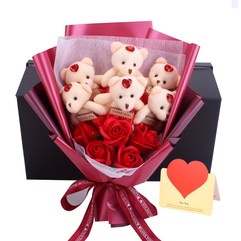 Mother's Day Cross-Border Korean Style Little Bear Doll 5 Soap Bouquet Rose Gift Box 520 Valentine's Day Gift Soap Flower