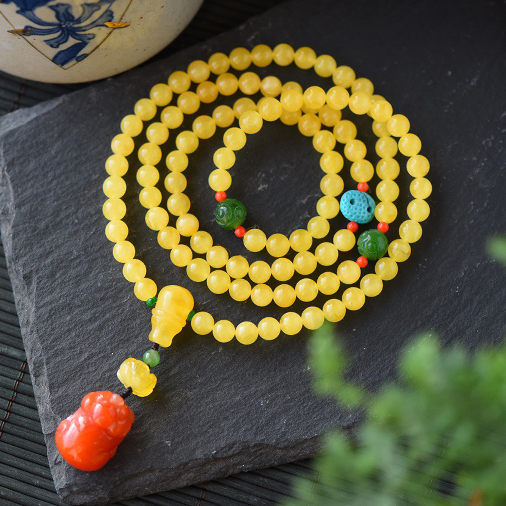 天然无优化蜜蜡6.8mm108颗手链项链两用款搭配南红貔貅挂坠原创