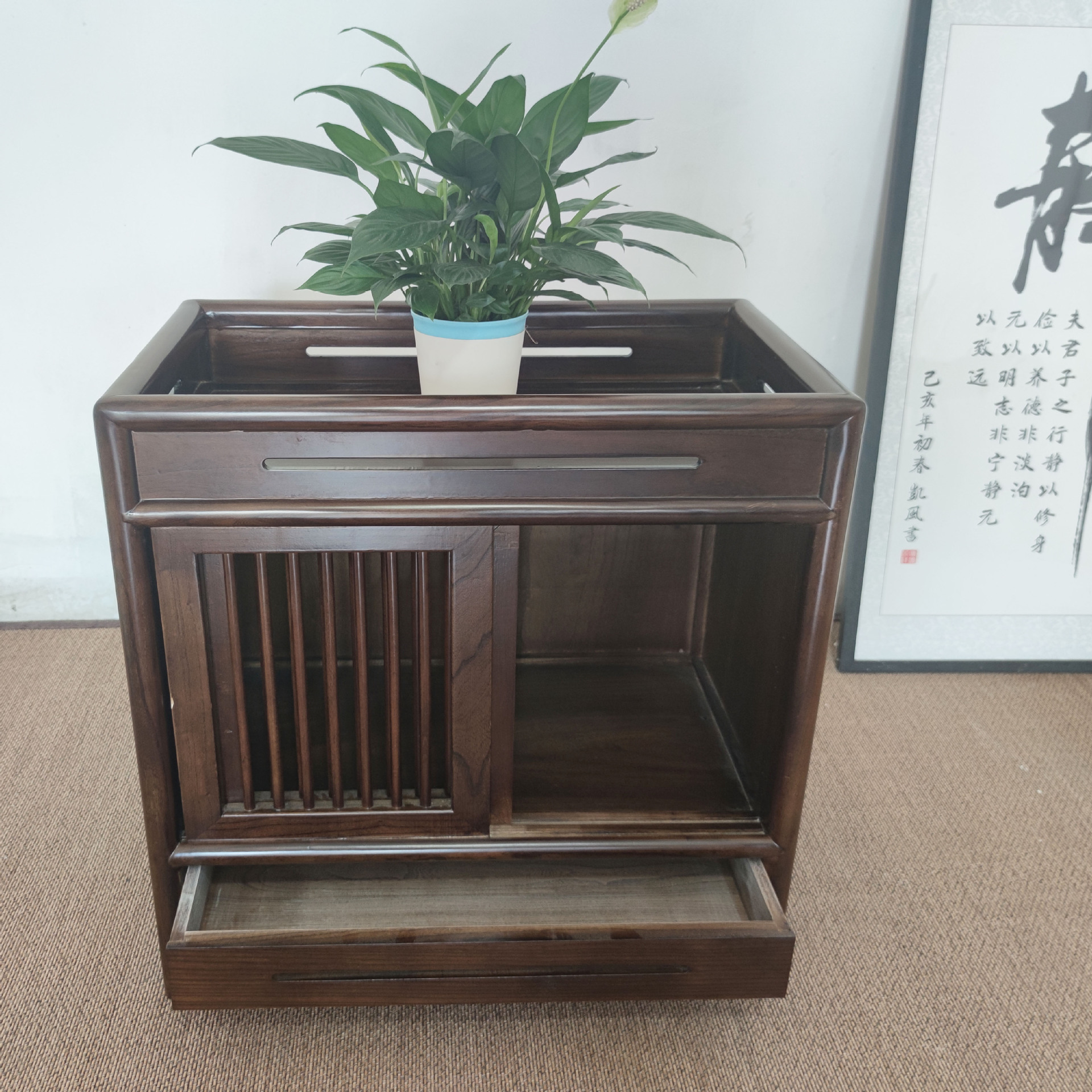 新中式木质茶水柜现代客厅茶室烧水柜禅意仿古餐边柜推拉门酒水柜