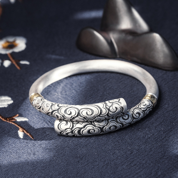 大理银匠手工制作 汉风银饰 银镯子 云南s999足银如意金箍棒手环