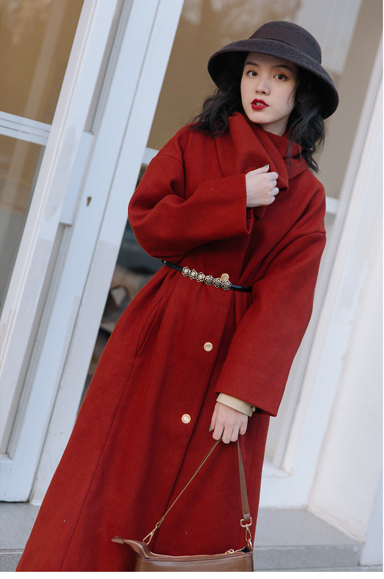 实拍秋冬长款尼子大衣橘红色气质法式复古毛呢外套连衣裙