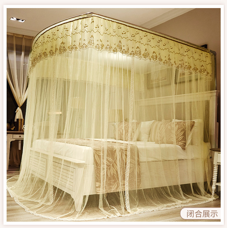 u型伸缩免安装蚊帐家用1.5m1.8米床落地床帘支架固定一体式公主风