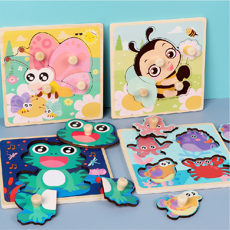卡通手抓木钉板拼图儿童蒙氏早教益智玩具宝宝形状认知配对男女孩