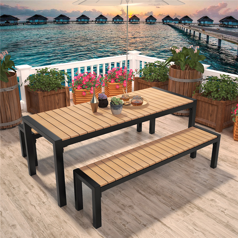 简约花园塑木户外桌椅组合 酒店海景阳台长条户外桌 庭院洽谈桌椅