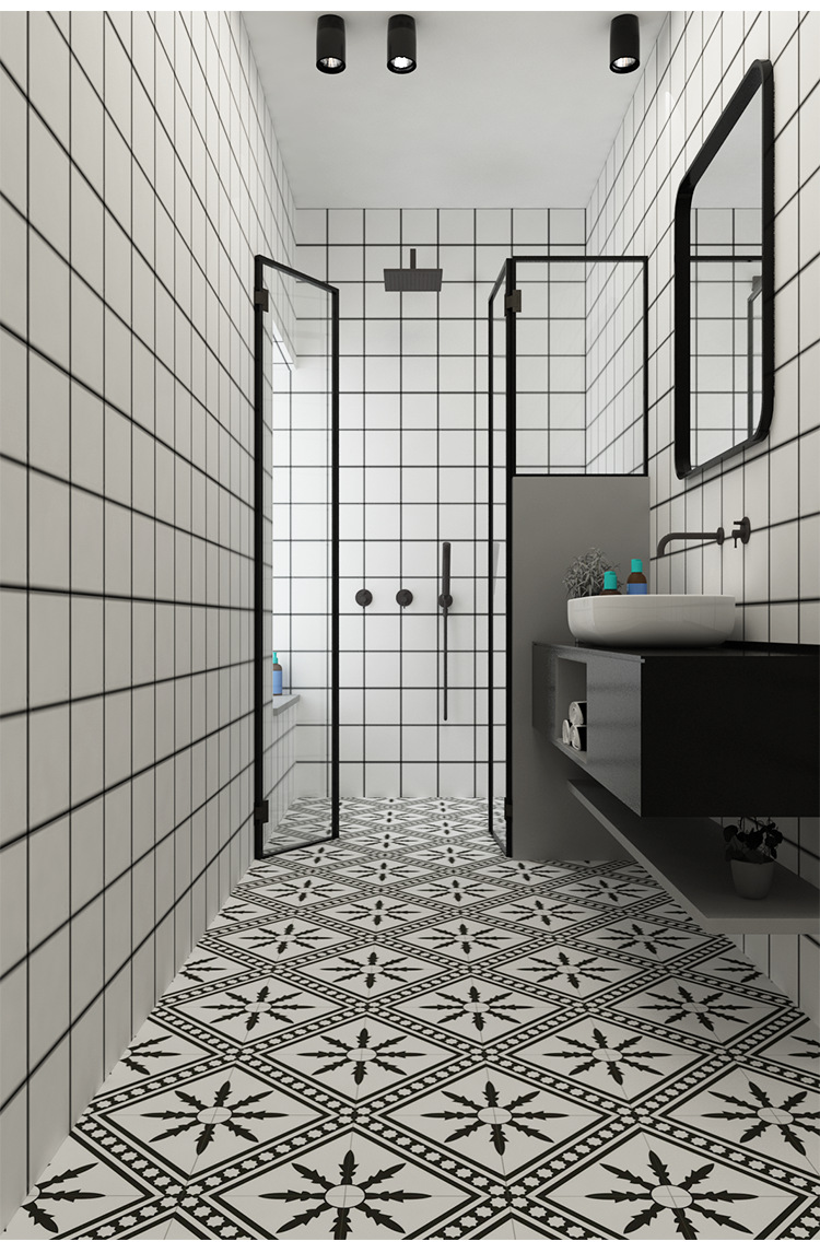 摩洛哥黑白艺术小花砖300*300 卫生间瓷砖厨房花砖阳台地砖仿古砖