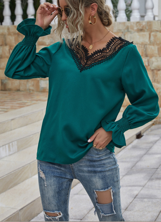 拼接休闲v领长袖上衣