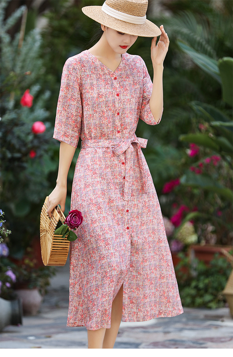 2020春夏新款丝麻女装 文艺范中袖长款连衣裙女 印花系带长开衫