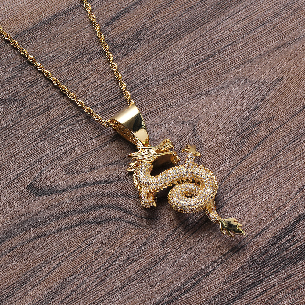 欧美嘻哈饰品 金龙吊坠 十二生肖霸气铜镶锆石嘻哈中国龙项链