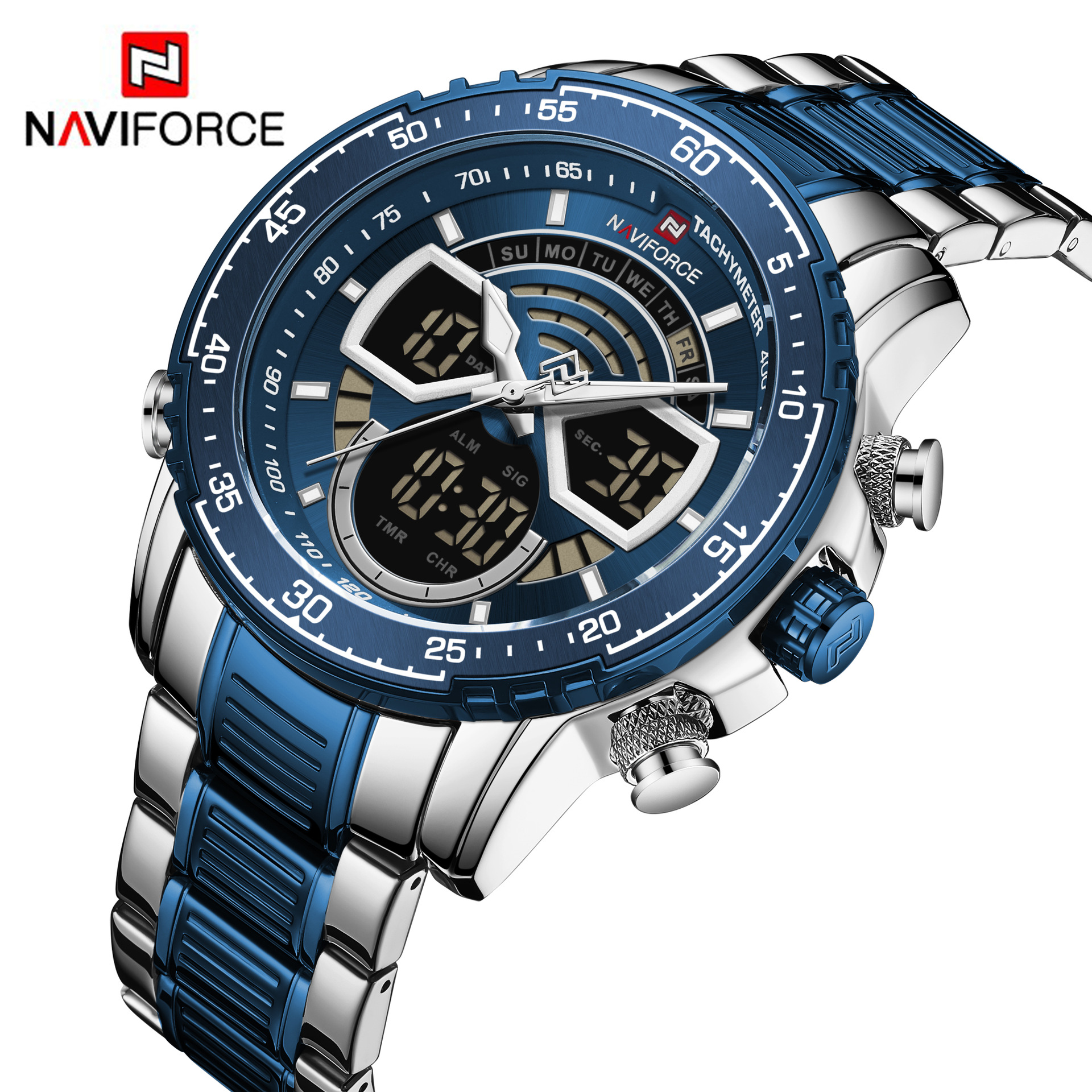 naviforce领翔9189不锈钢手表男士多功能运动电子手表石英手表男