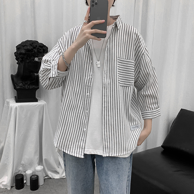 条纹灰色衬衫男七分袖韩版潮流休闲港风日系宽松七分袖衬衣外套夏