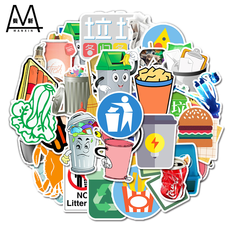 54张垃圾分类涂鸦贴纸行李箱滑板车死飞自行车汽车手机防水贴纸