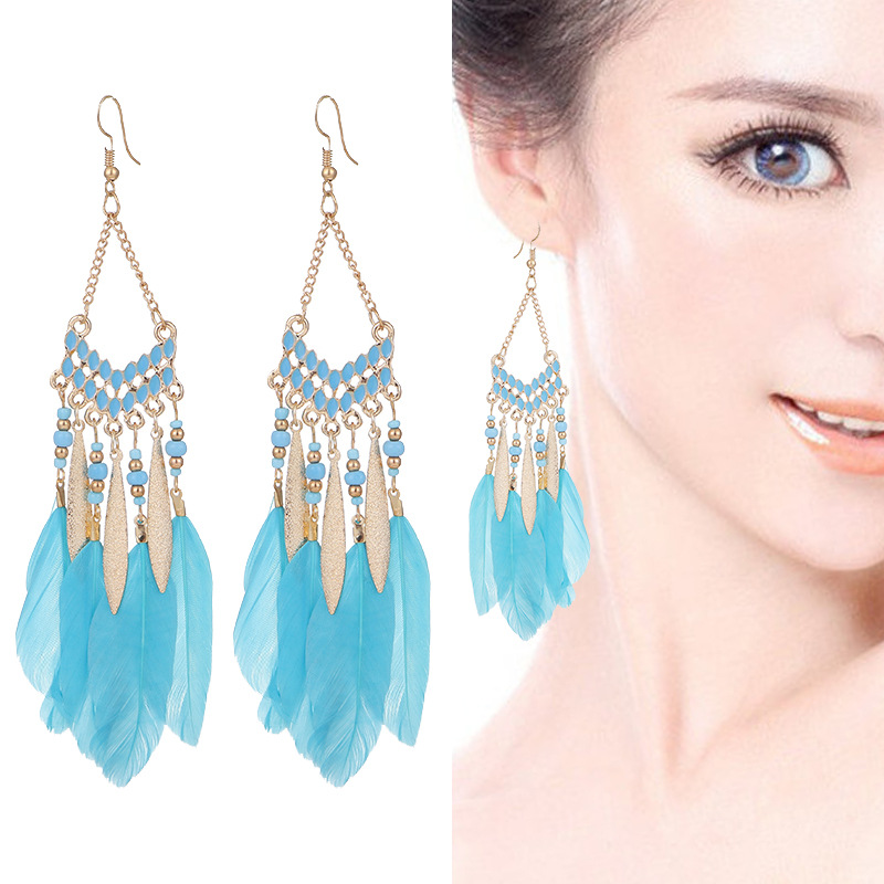 Amazon Sources Light Blue Fan-Shaped Tassel Feather Earrings Women's Long Bohemian Bead European and American Earrings Wholesale