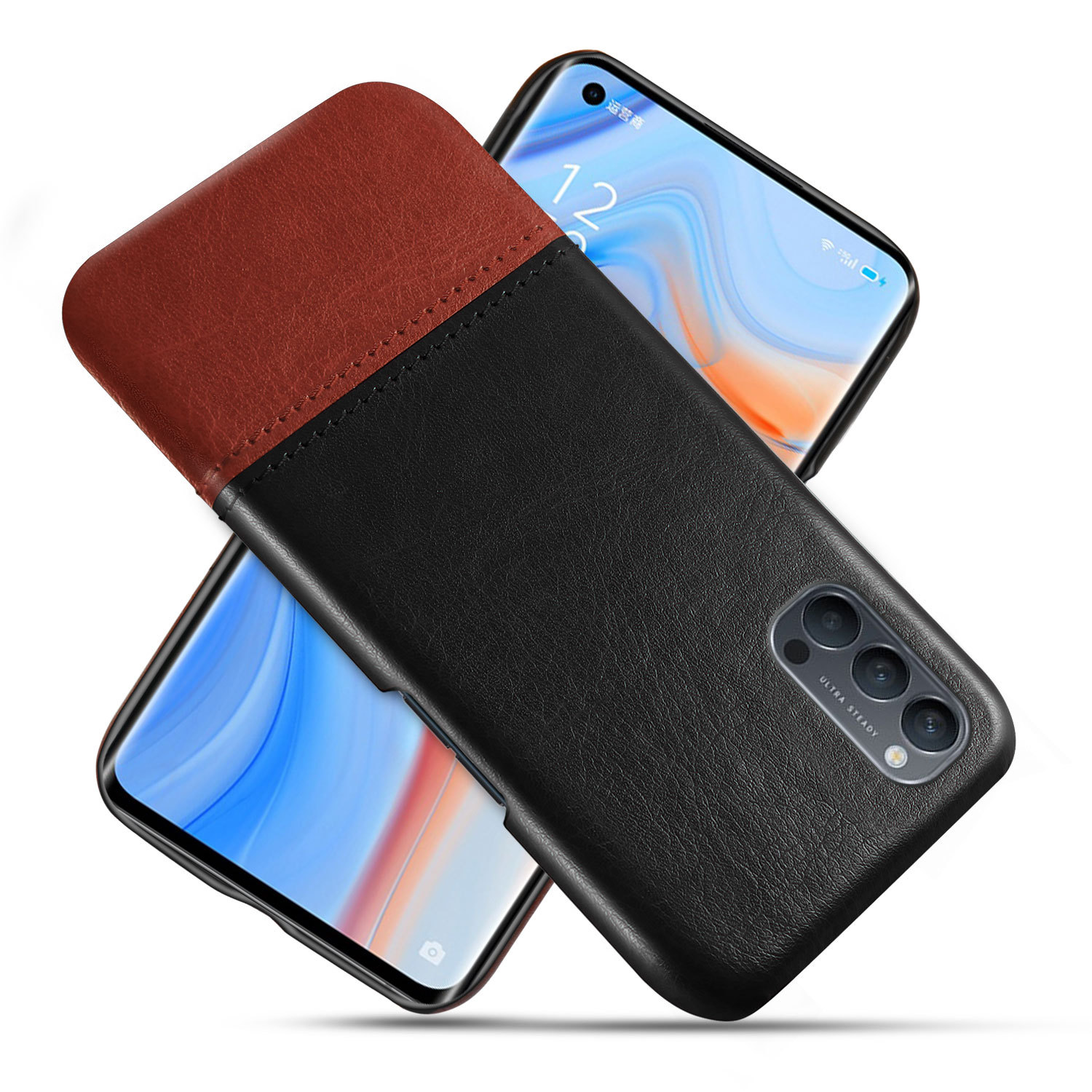 适用于oppo reno4 手机壳撞色拼皮 oppo reno4 简约时尚保护套-潮