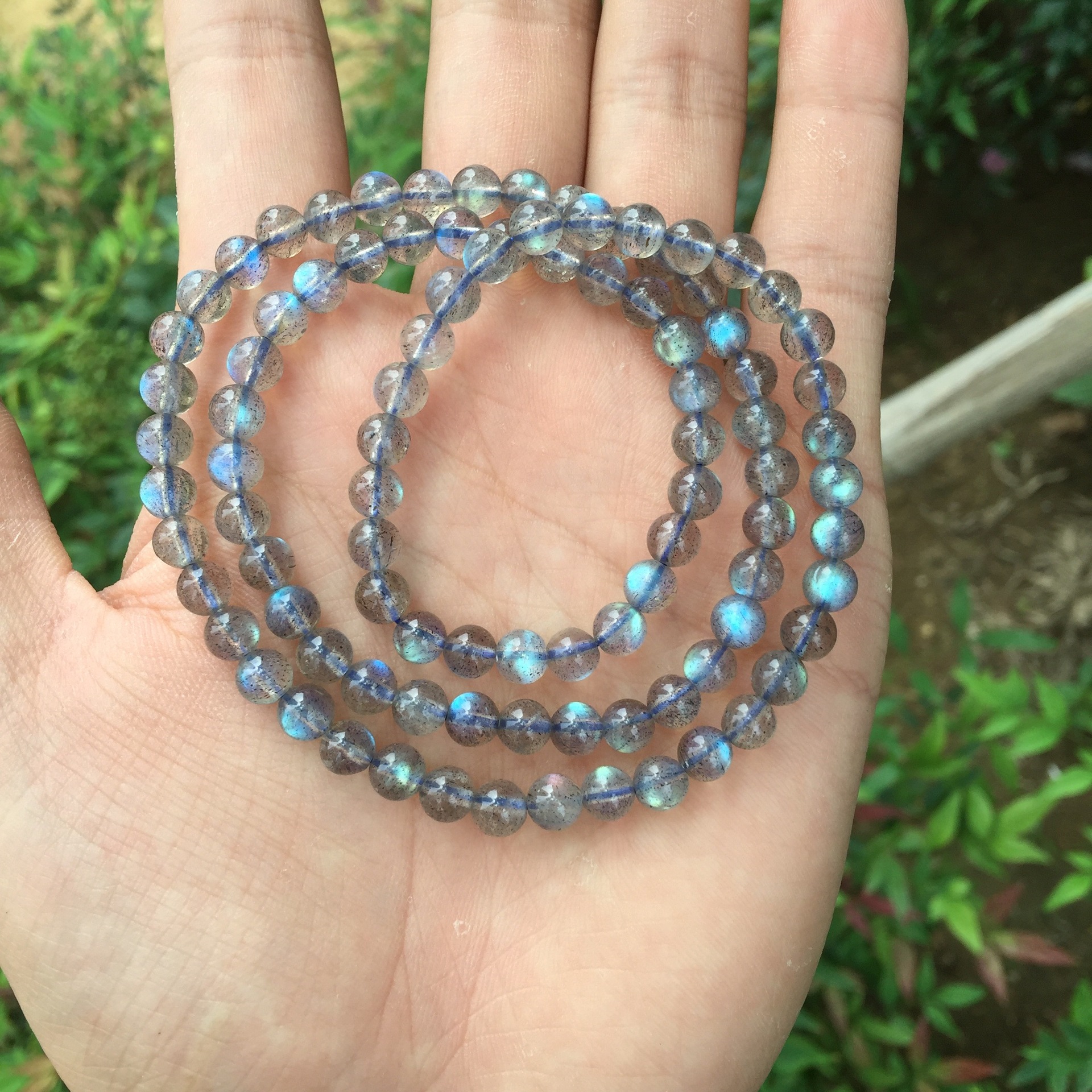 天然拉长石手链多圈 6mm灰月光石三圈手链手串多层水晶手链包邮