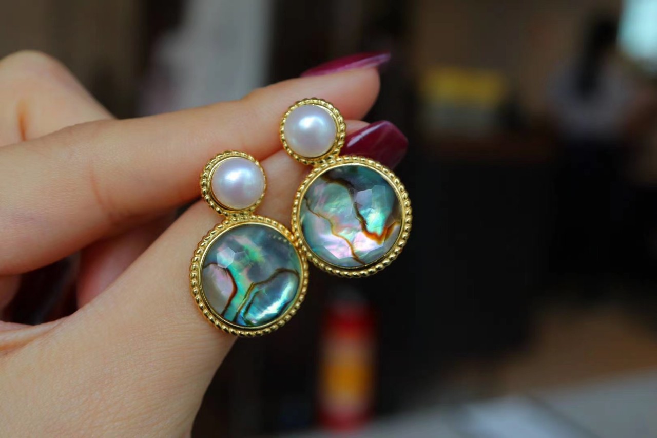 925银镀金鲍鱼贝彩贝黑贝贝壳天然淡水珍珠耳钉耳环