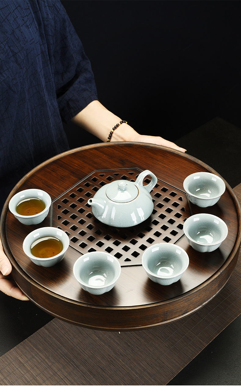 九竹圆形胡桃色铜钱盛水中茶盘竹茶盘简约储水式茶海茶台功夫茶具