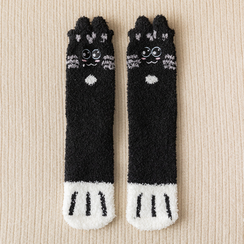 Autumn and Winter Korean Style All-Match Ear Embroidery Cat's Paw Coral Fleece Home Sleeping Socks Half Velvet Socks