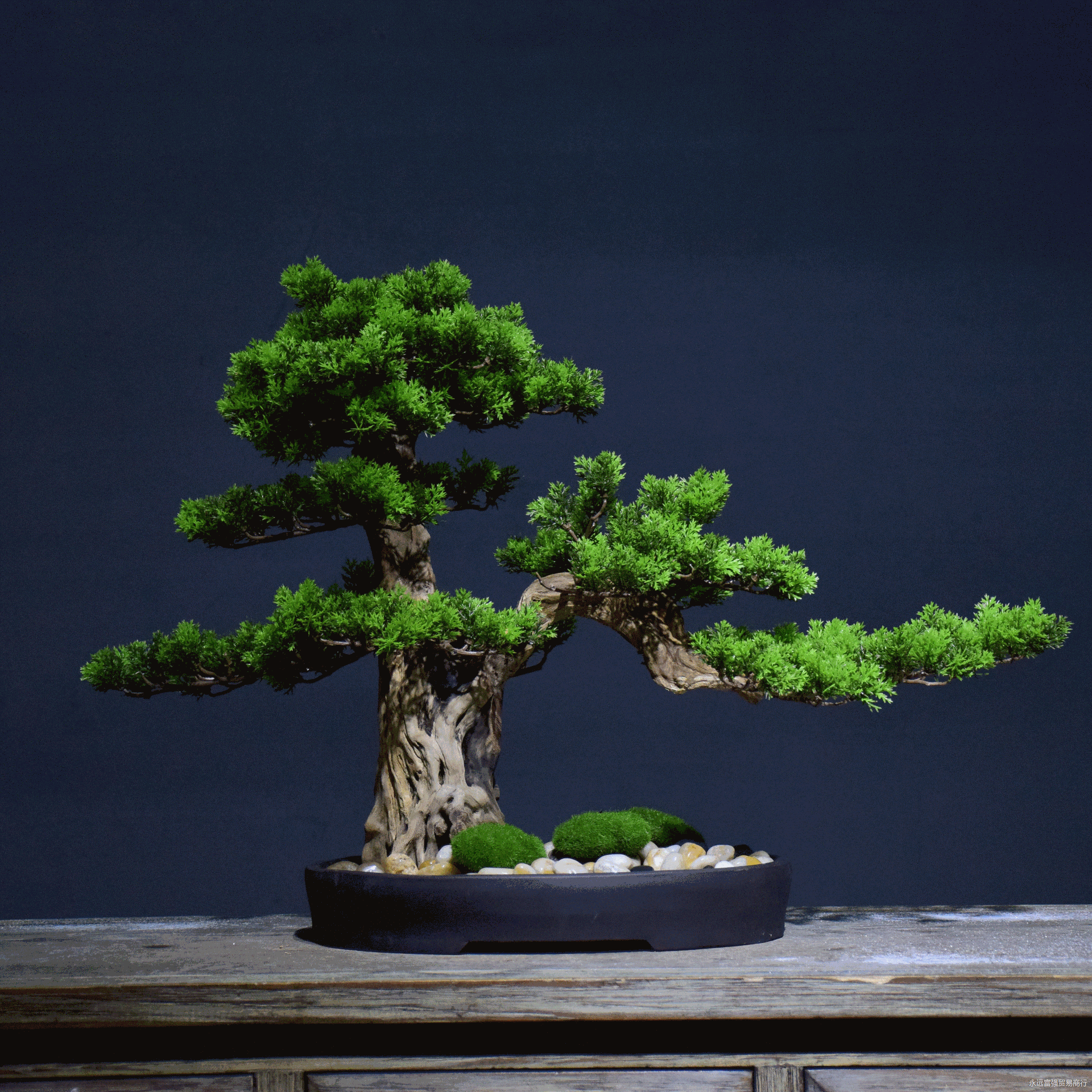 迎客松仿真实木绿植盆景禅意枯山水客厅酒店玄关家居装饰花架摆件