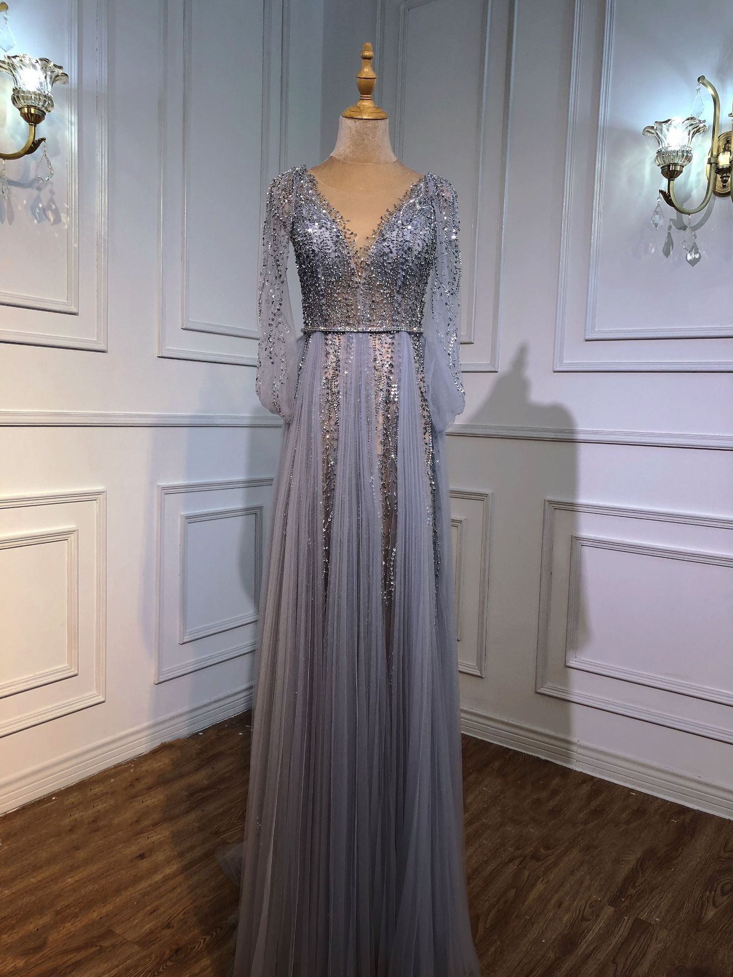 明星同款高级定制 灰色遮手臂优雅长款 年会主持人晚礼服 la70788