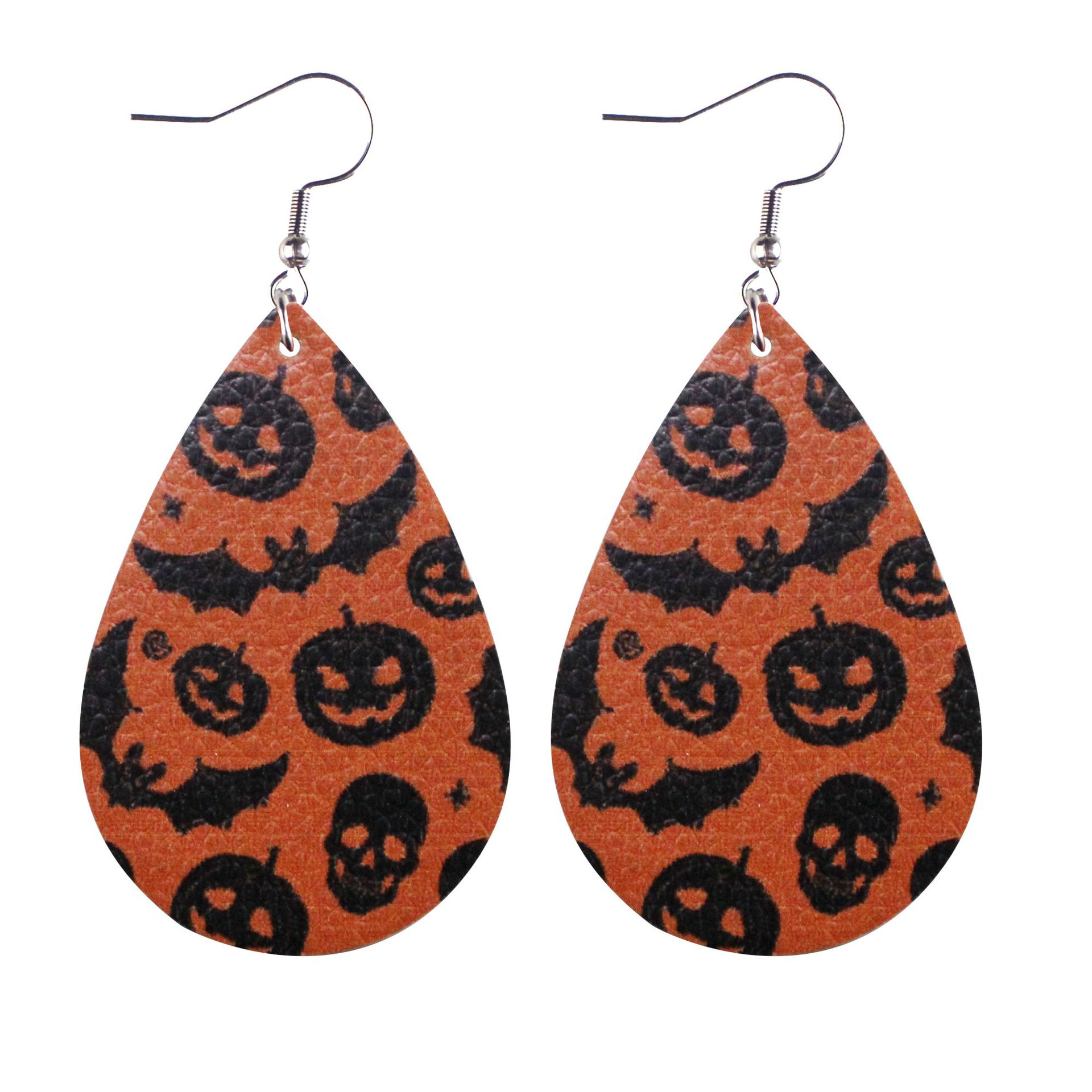 Halloween Double-Sided Leather Earrings Ghost Festival Pumpkin Skull Water Drop Pu Earrings Creative Cross-Border Earrings Wholesale