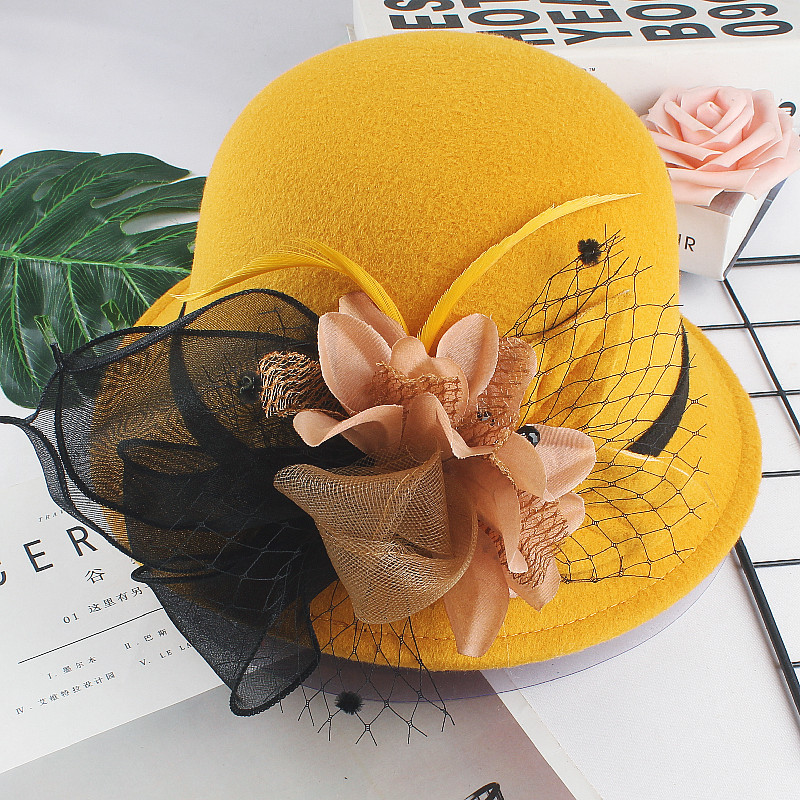 帽子女秋冬圆顶小礼帽韩版时尚优雅复古羊毛呢帽花朵盆帽时装帽潮