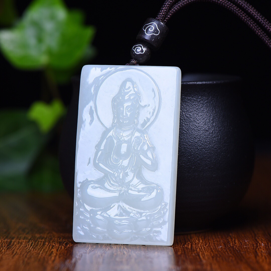 支持检测新疆和田白玉观音玉牌方形吊坠启悟蛤蜊观世音菩萨项坠
