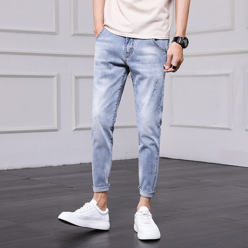 20223 New Trendy Men's Jeans Cropped Simple Casual Men's Trousers Skinny Thin Korean Style Pants Men