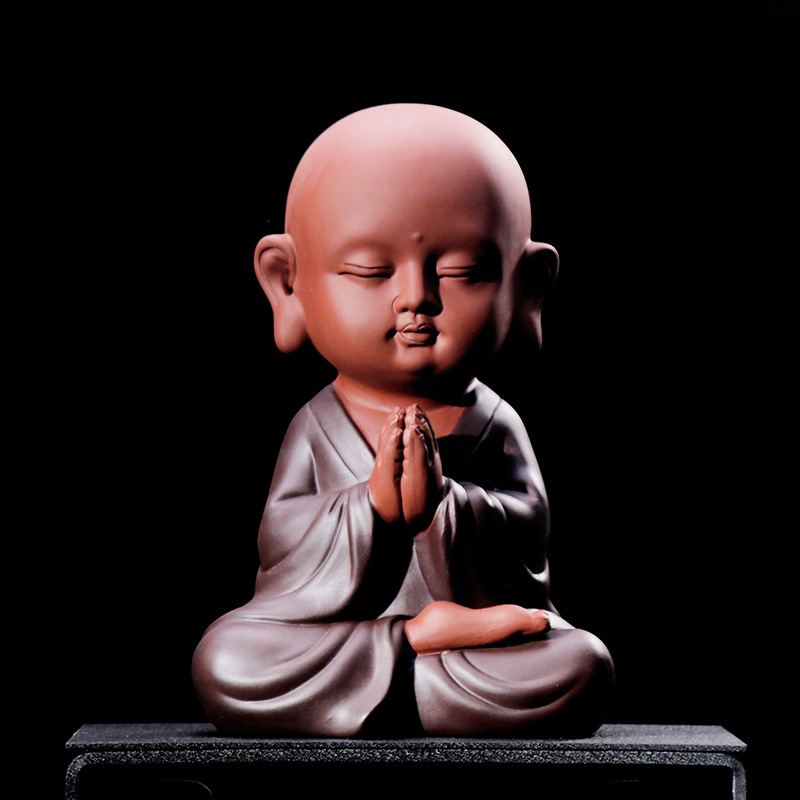 禅意紫砂祈福小和尚家居软装饰品中式玄关客厅佛堂大号小沙弥摆件