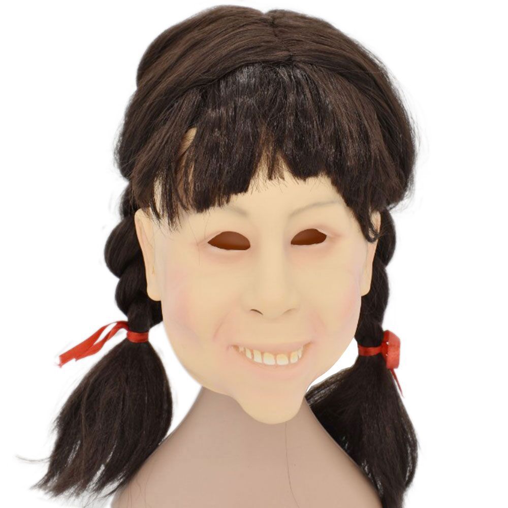 人物脸谱女孩脸面具长辫女娃乳胶头套万圣节派对舞会道具面罩mask