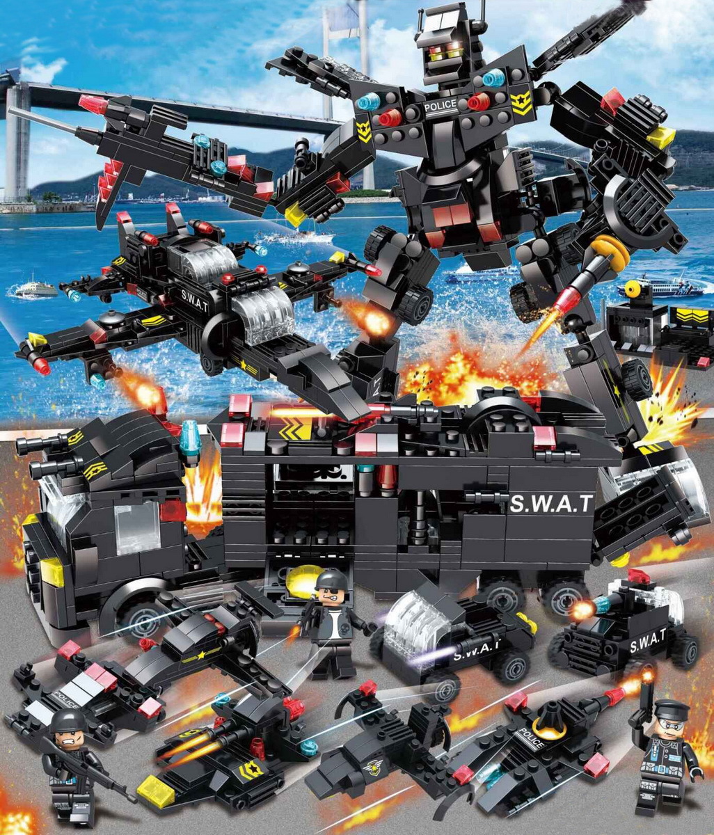 儿童积木军事警车反恐精英多变拼装益智玩具兼容乐高积木玩具盒装