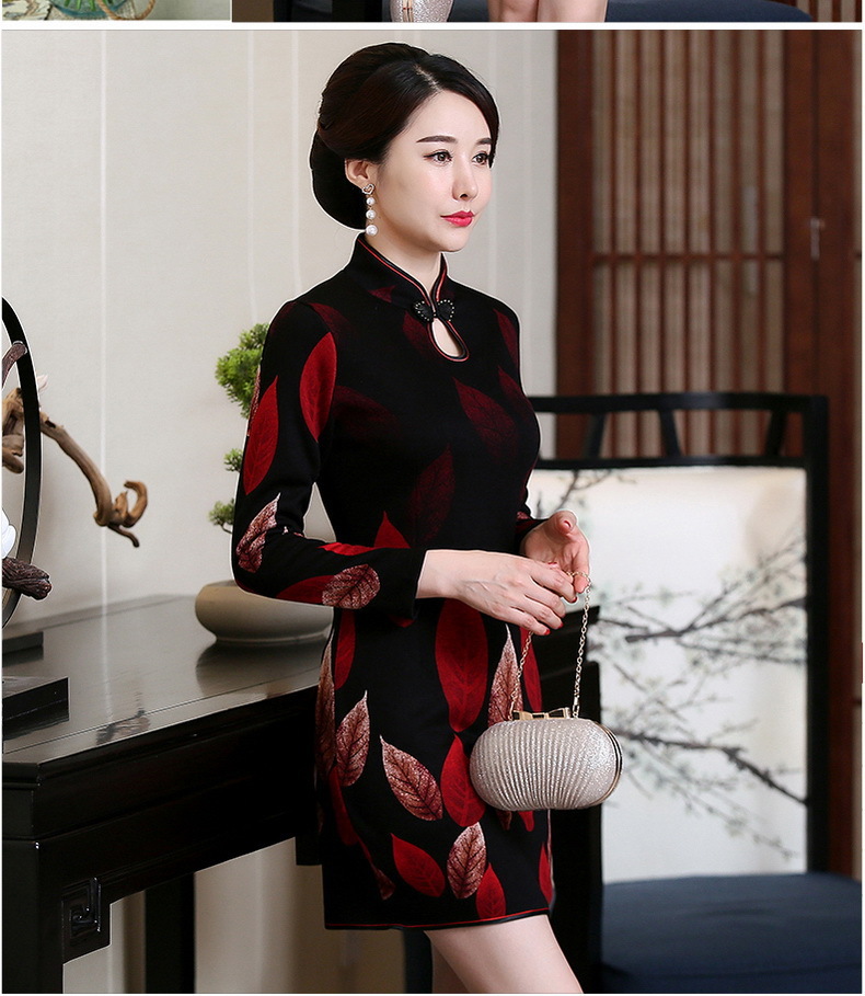 加绒连衣裙中长款妈妈秋冬中老年时尚复古改良旗袍中年妇女打底裙
